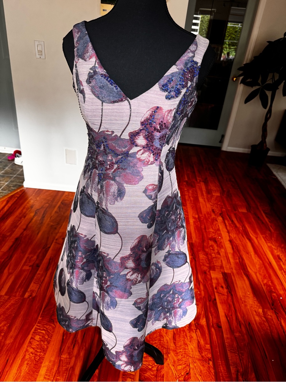 Adrianna Papell Pink and Purple Floral V-Neck Midi Dress